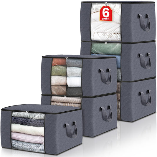 Fab totes 6 Pack Clothes Storage, Foldable Thick Fabric Blanket Storage Bags, Storage Containers for Organizing Bedroom, Closet, Clothing, Comforter, Grey