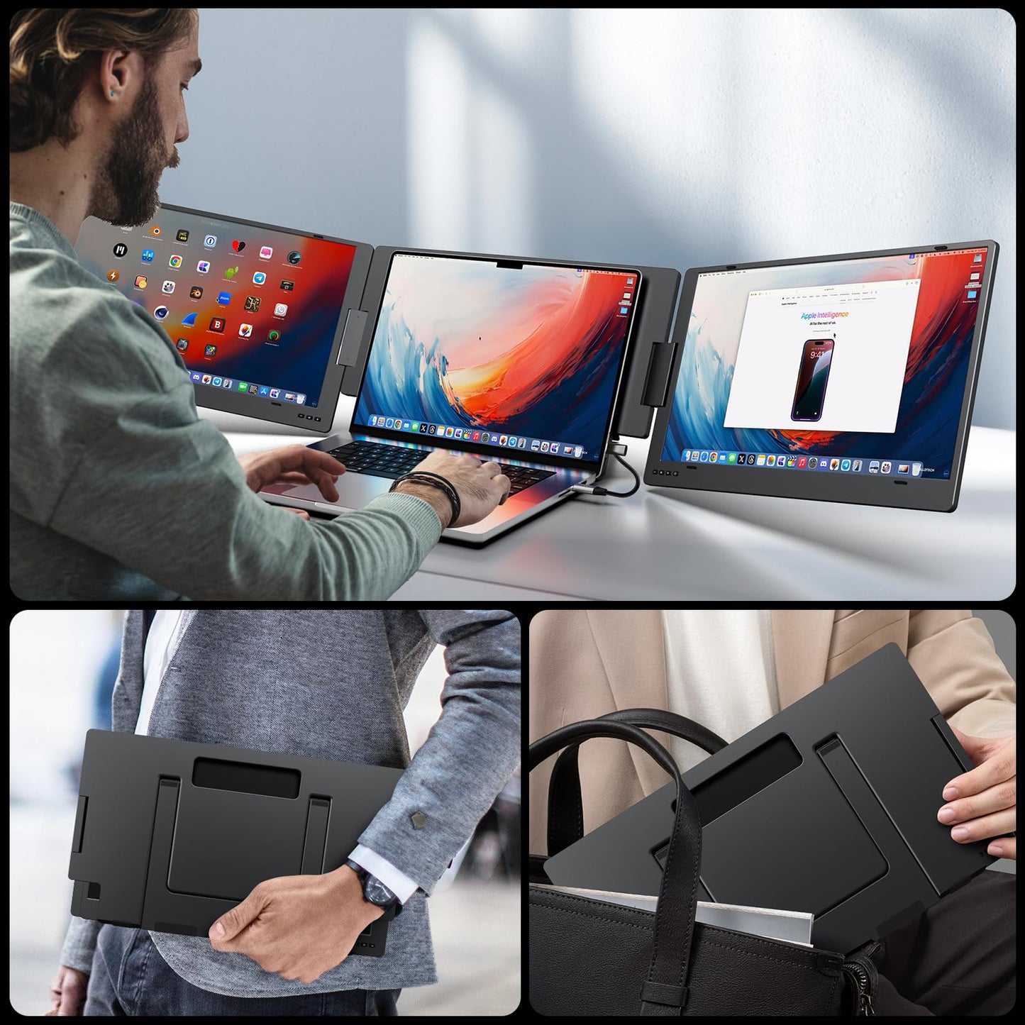 KYY 15.6" Laptop Screen Extender, 1080P FHD IPS Portable Monitor, One Cable USB-C Triple Monitor, Dual Travel Screen for 12"-17'' Laptops, 360° Rotation & Kickstand，X90D (Driver Need)