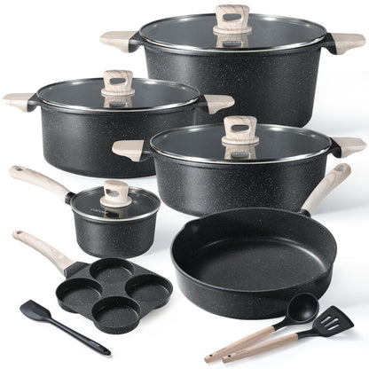 CAROTE Nonstick Pots and Pans Set, Cookware Set Induction Kitchen Cooking Set w/Stock pot & Saucepans, CLassic Black 13pcs