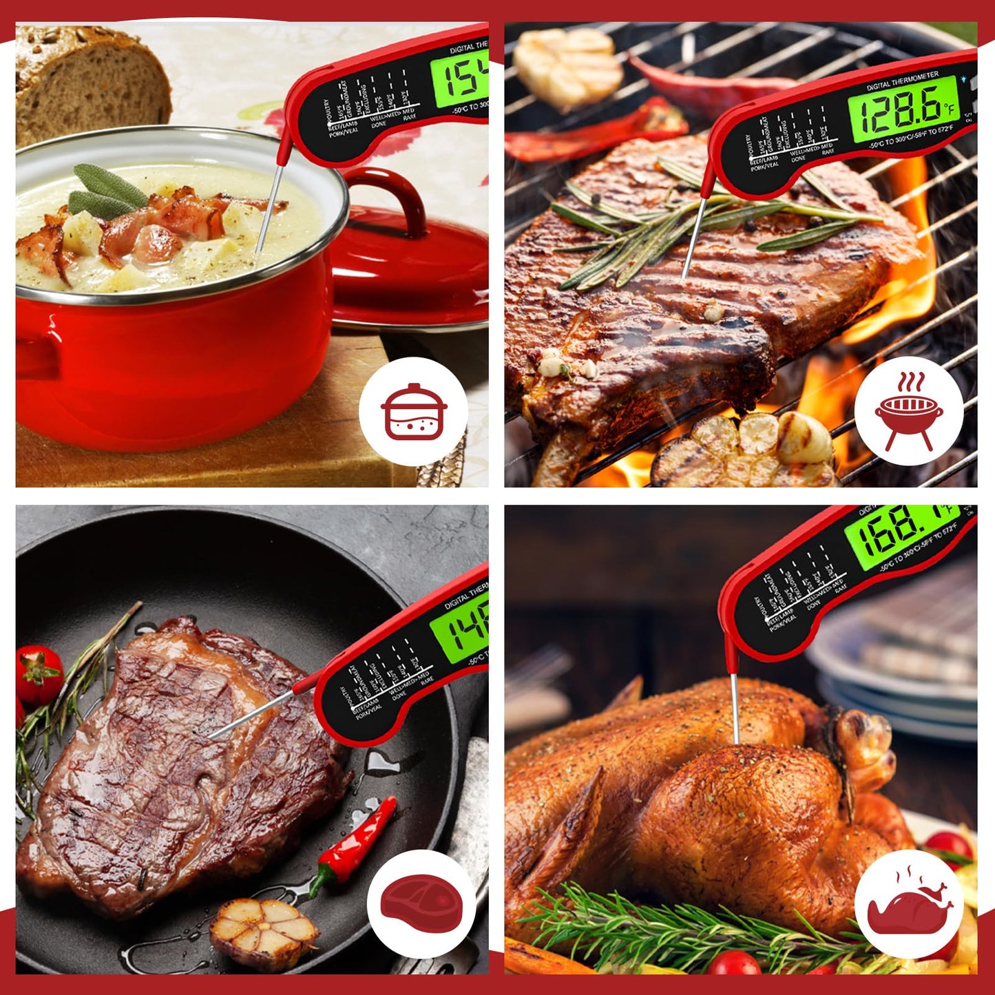 AWLKIM Meat Thermometer Digital - Instant Read Waterproof Food Thermometer with Backlight for Cooking, Grill, Candy, Kitchen & Stocking Stuffers for Men - Red