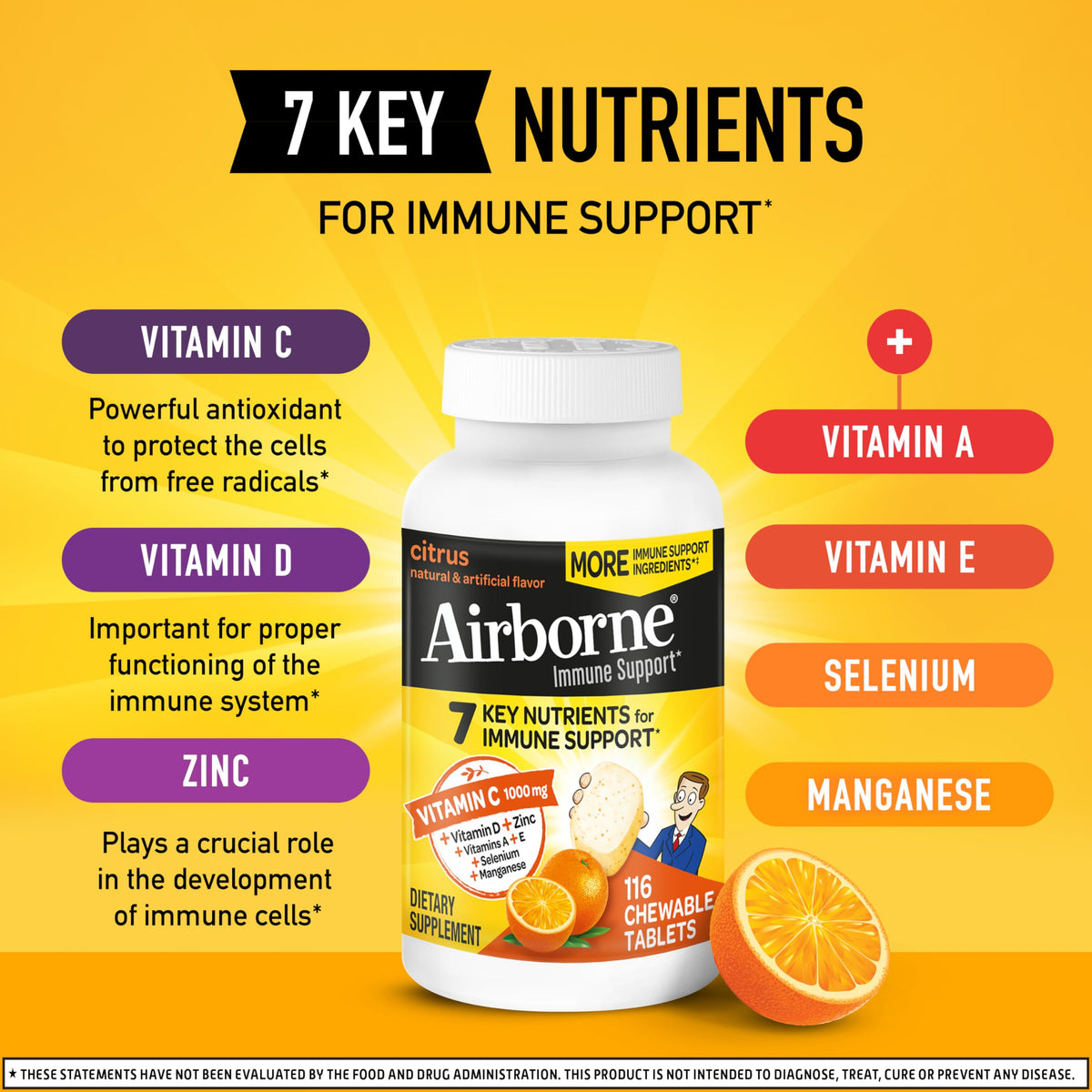 Airborne Vitamin C 1000mg (per Serving) - Citrus Chewable Tablets (116 Count in a Bottle), Gluten-Free Immune Support Supplement, with Vitamins A C E, Zinc, Selenium, Echinacea, Ginger, Antioxidants