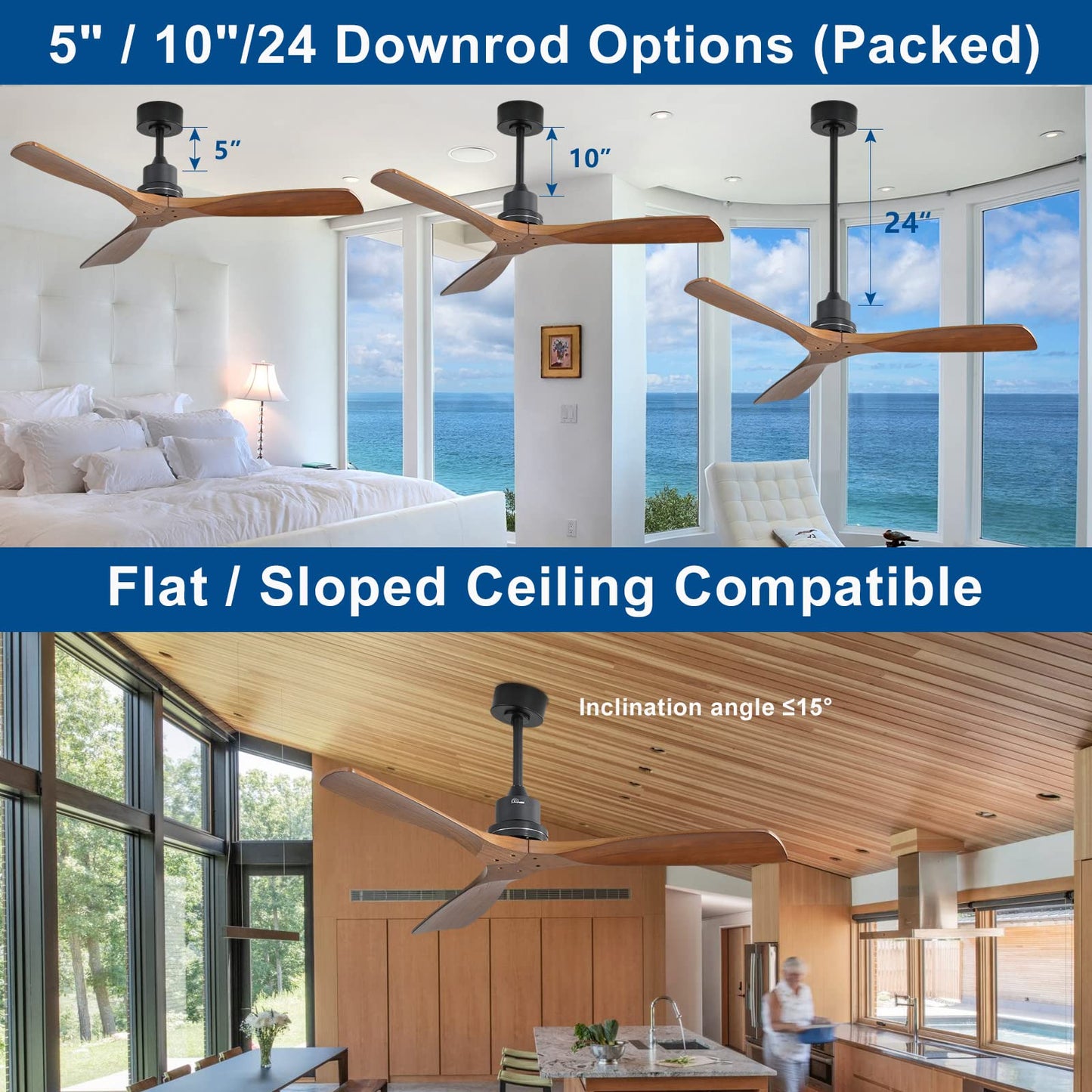 Sofucor Ceiling Fan no Lights, 52 Inch Low Profile Flush Mount Modern Wood Ceiling Fan with Remote for Indoor Farmhouse Bedroom Living Room Outdoor Patio Porch, Reversible DC Motor, Noiseless