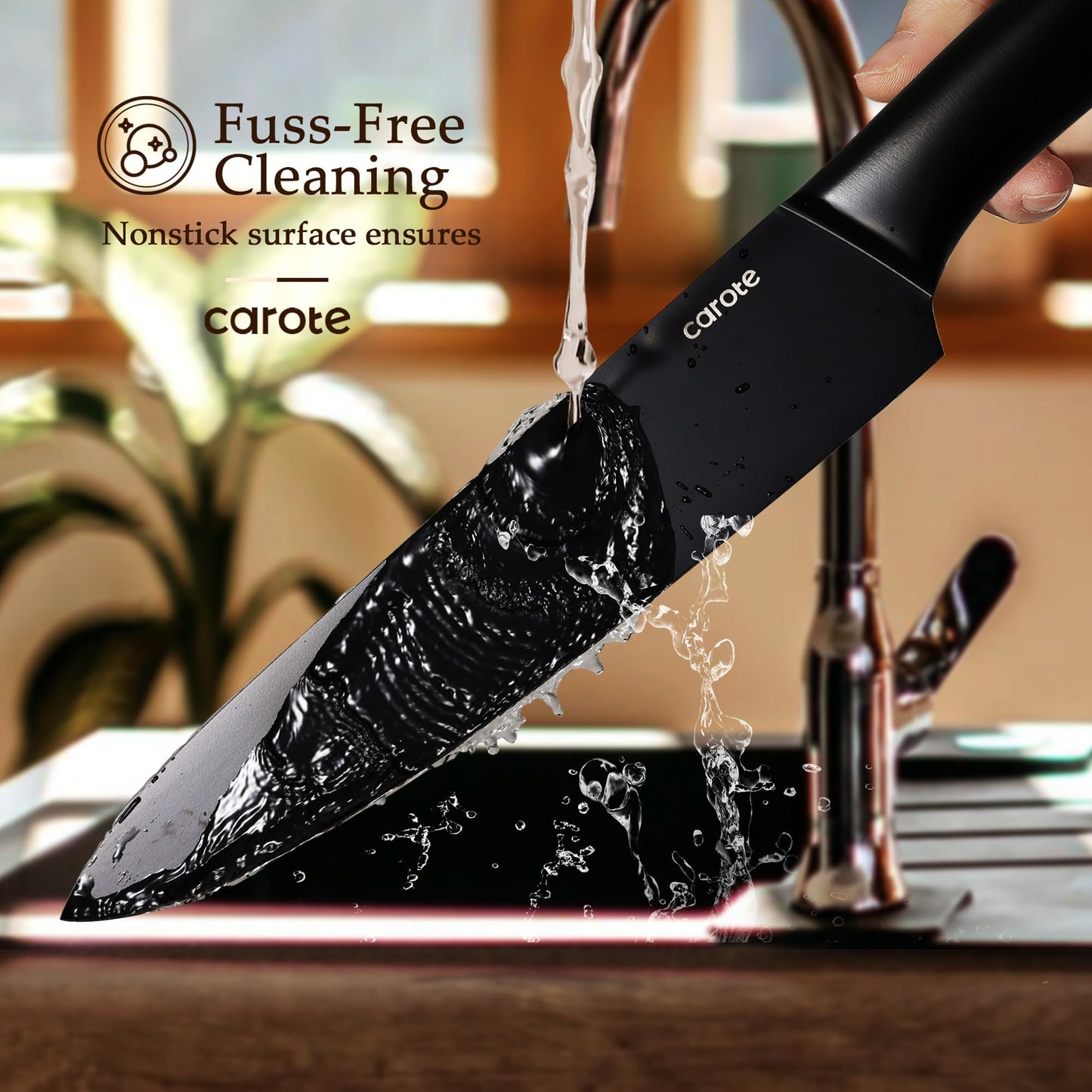 CAROTE 14Pcs Kitchen Knife Set, Dishwasher Safe knife set with Block and Sharpener, Stainless Steel Cutlery with Razor-Sharp Blades, 6 Steak Knives, Full-Black