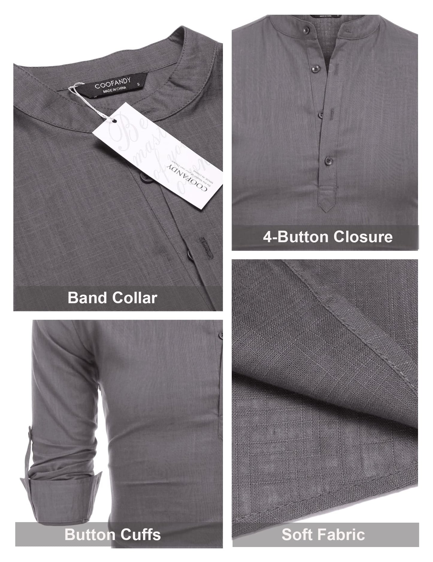 COOFANDY Men's Cotton Linen Henley T-Shirts Long Sleeve Hippie Casual Beach T-Shirts Dark Gray