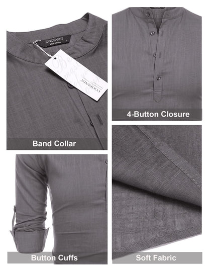 COOFANDY Men's Cotton Linen Henley T-Shirts Long Sleeve Hippie Casual Beach T-Shirts Dark Gray