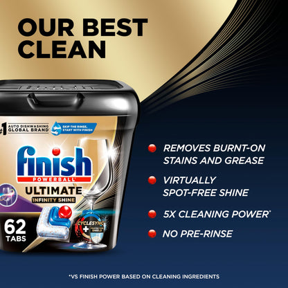 Finish Ultimate Infinity Shine Dishwasher Tabs, No Pre-Rinse Dishwasher Detergent Soap Removes Burnt-On Stain, with Protector Shield & CycleSync Technology, Degreasing & Scrubbing Power, 62 Count