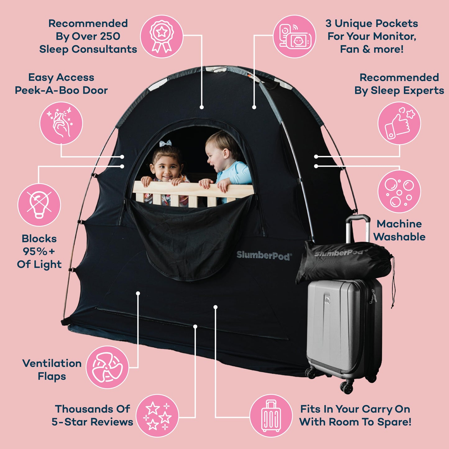 SlumberPod The Original Blackout Sleep Tent Travel Essential for Babies and Toddlers, Mini Crib and Pack N Play Cover, Sleep Pod for Kids with Monitor Pouch and Fan Pouch, Blocks 95%+ Light, Black
