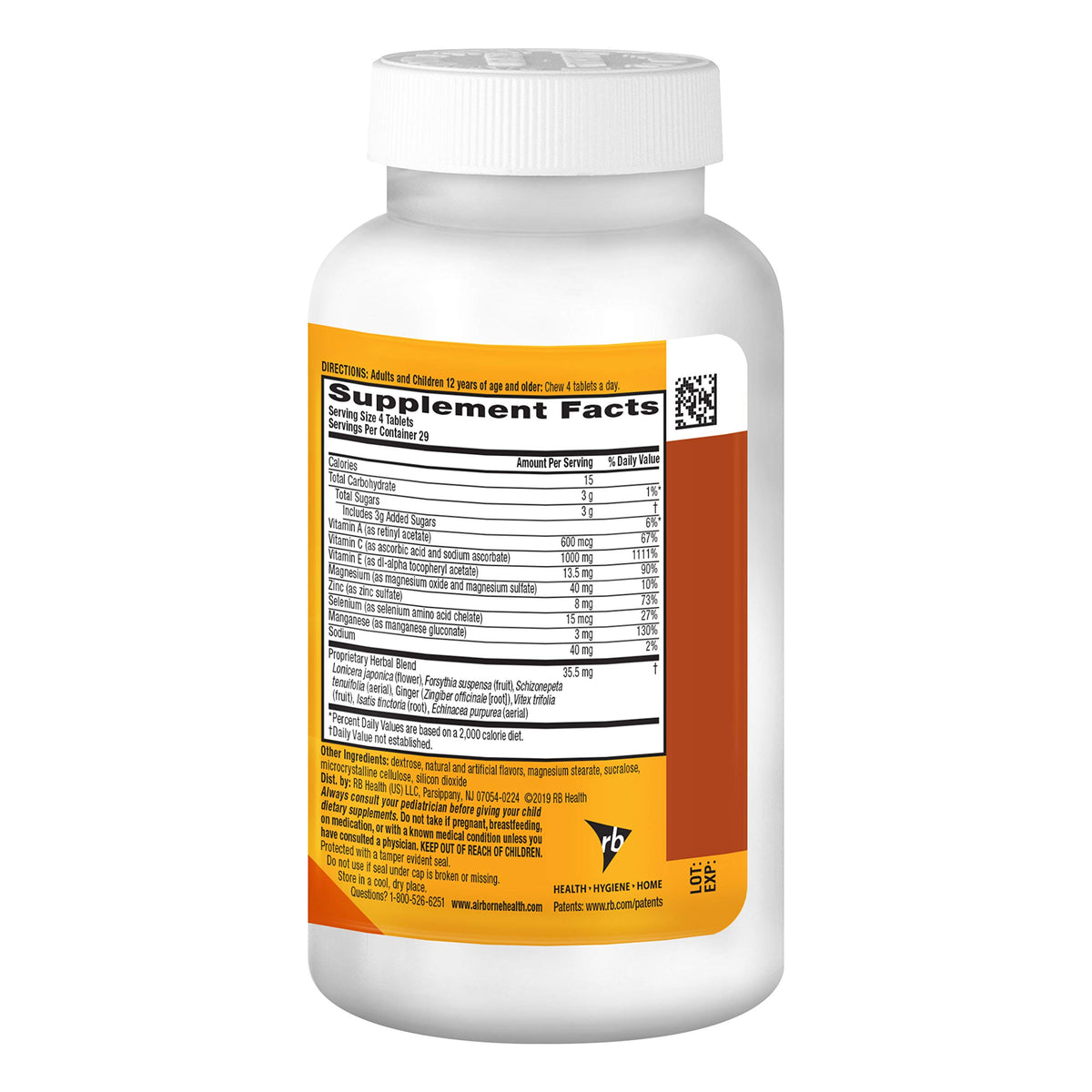 Airborne Vitamin C 1000mg (per Serving) - Citrus Chewable Tablets (116 Count in a Bottle), Gluten-Free Immune Support Supplement, with Vitamins A C E, Zinc, Selenium, Echinacea, Ginger, Antioxidants