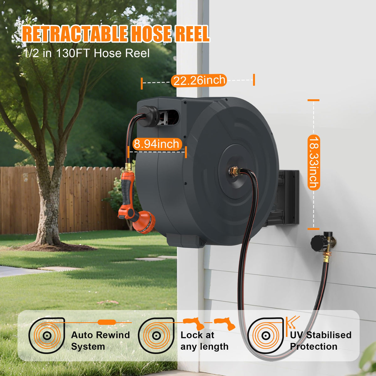 NEOTEC Retractable Garden Hose Reel 1/2 inch x 130ft - Wall Mounted Heavy Duty Hose Reel with 3/4 Inch Brass Fittings & 9-Pattern Nozzle - Auto Rewind System, Any Length Lock, 180° Swivel Bracket