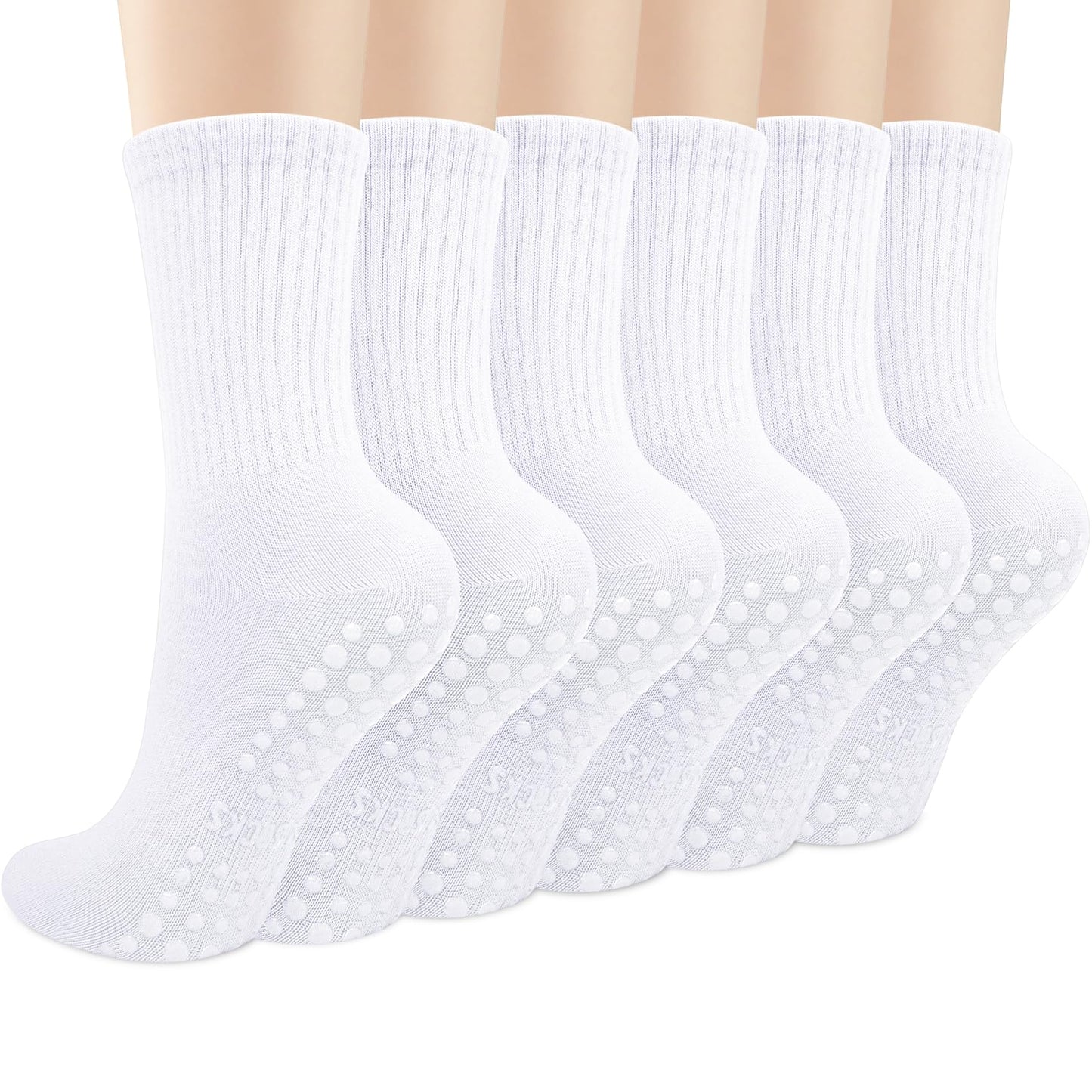 Justay 6 Pairs Pilates Socks with Grips for Women Soft Non Slip Crew Cotton Athletic Workout Barre Hospital Yoga Socks