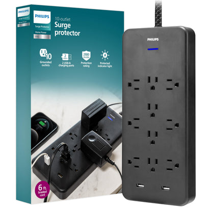 Philips EZFit 10-Outlet Surge Protector Power Strip, 6 Ft Braided Extension Cord, 2 USB Ports, Widely Spaced Outlets, Flat Plug, for Home Office Dorm Essentials, 2880 Joules, Black, SPP3403B/37