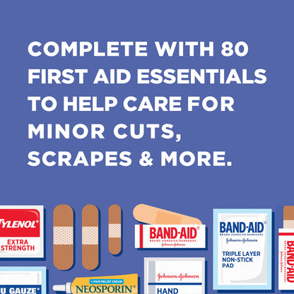 BAND-AID Brand Travel Ready Portable Emergency First Aid Kit for Minor Wound Care, Perfect for Home, Car, Travel, Camping Essentials & Outdoor Emergency Kit, 80 Pieces
