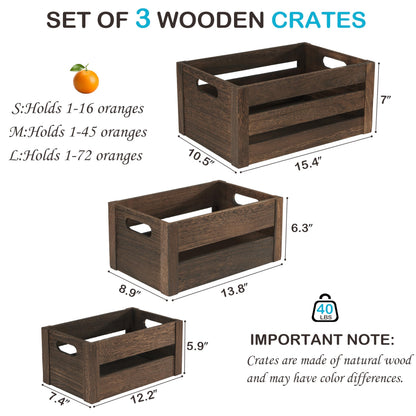 ELONG HOME 3 Pack Nesting Wooden Crates, Rustic Wood Basket with Handles, Decorative Farmhouse Wooden Storage Boxes