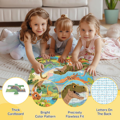 4-Pack 100 Piece Puzzles for Kids Ages 4-6 6-8 8-10, Cute Dogs Dinosaurs Dolphins Wildlife Kids Puzzles Ages 3-5 4-6 5-8, 100 Large Piece Jigsaw Puzzles Educational Toys for Boys and Girls (15x10 in)