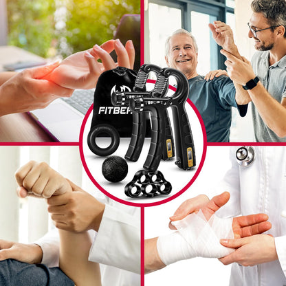 FitBeast Hand Grip Strengthener Workout Kit (5 Pack) - 2 Forearm Adjustable Resistance Grippers, Finger Stretcher, Ring & Stress Relief Ball for Athletes (Black)