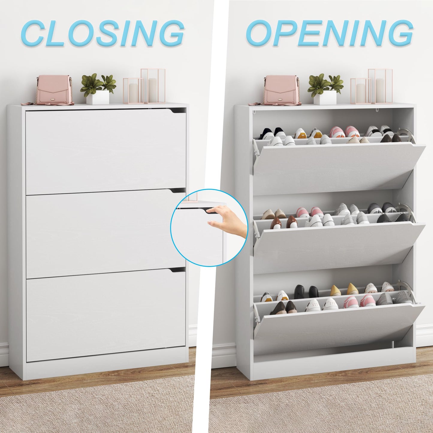 BORNOON Shoe Cabinet with 3 Flip Drawers, Hidden Wood Shoe Cabinet,Freestanding Shoe Storage Cabinet for Entryway Hallway.White. 47.2" H*31.5" W*9.45" D.