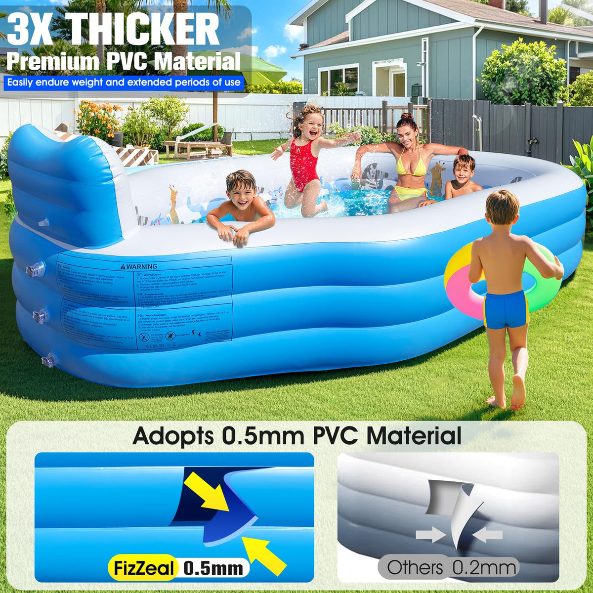 Inflatable Swimming Pool for Kids and Adults,Thickened Large Adult Pool for Backyard with Seat and Backrest, Kids Outdoor Blow up Pools,125"X75"X25"Inflatable Pools for Summer (Sky Blue)