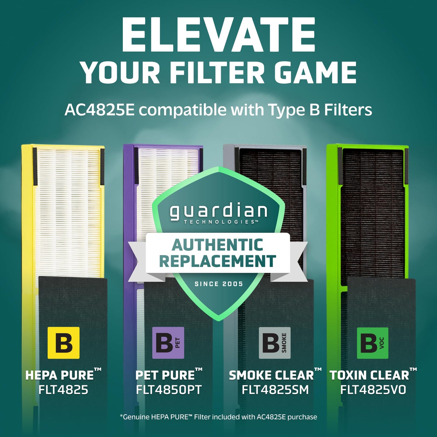 GermGuardian 4-In-1 HEPA Air Purifier for Home, Large Rooms Up To 743 Sq. Ft. with HEPA Air Filter, UC-V Light & Odor Reduction, AC4825E, 22" Tower, Gray