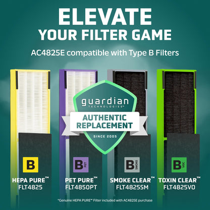 GermGuardian 4-In-1 HEPA Air Purifier for Home, Large Rooms Up To 743 Sq. Ft. with HEPA Air Filter, UC-V Light & Odor Reduction, AC4825E, 22" Tower, Gray