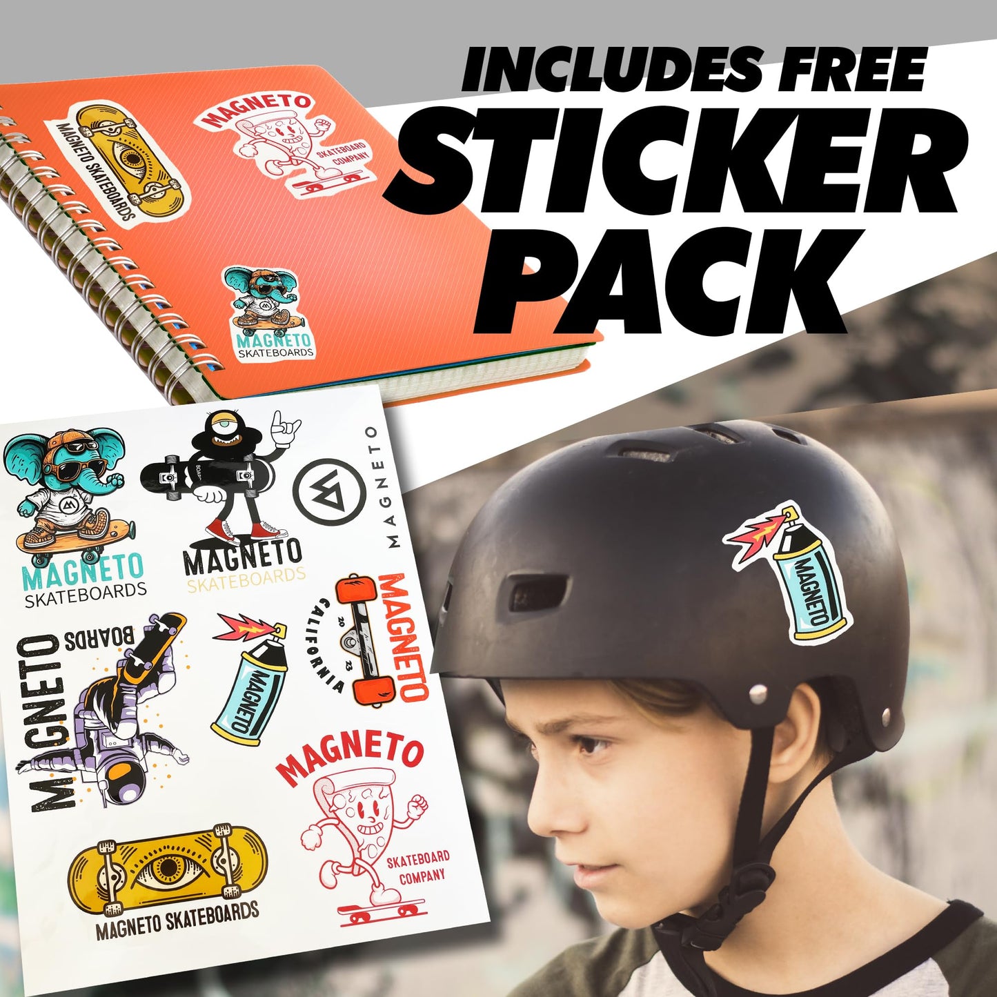 Magneto Complete Skateboard Maple Wood - ABEC 5 Bearings - Double Kick Concave Deck - Kids Skateboard - for Beginners, Teens & Adults (Free Stickers Included)