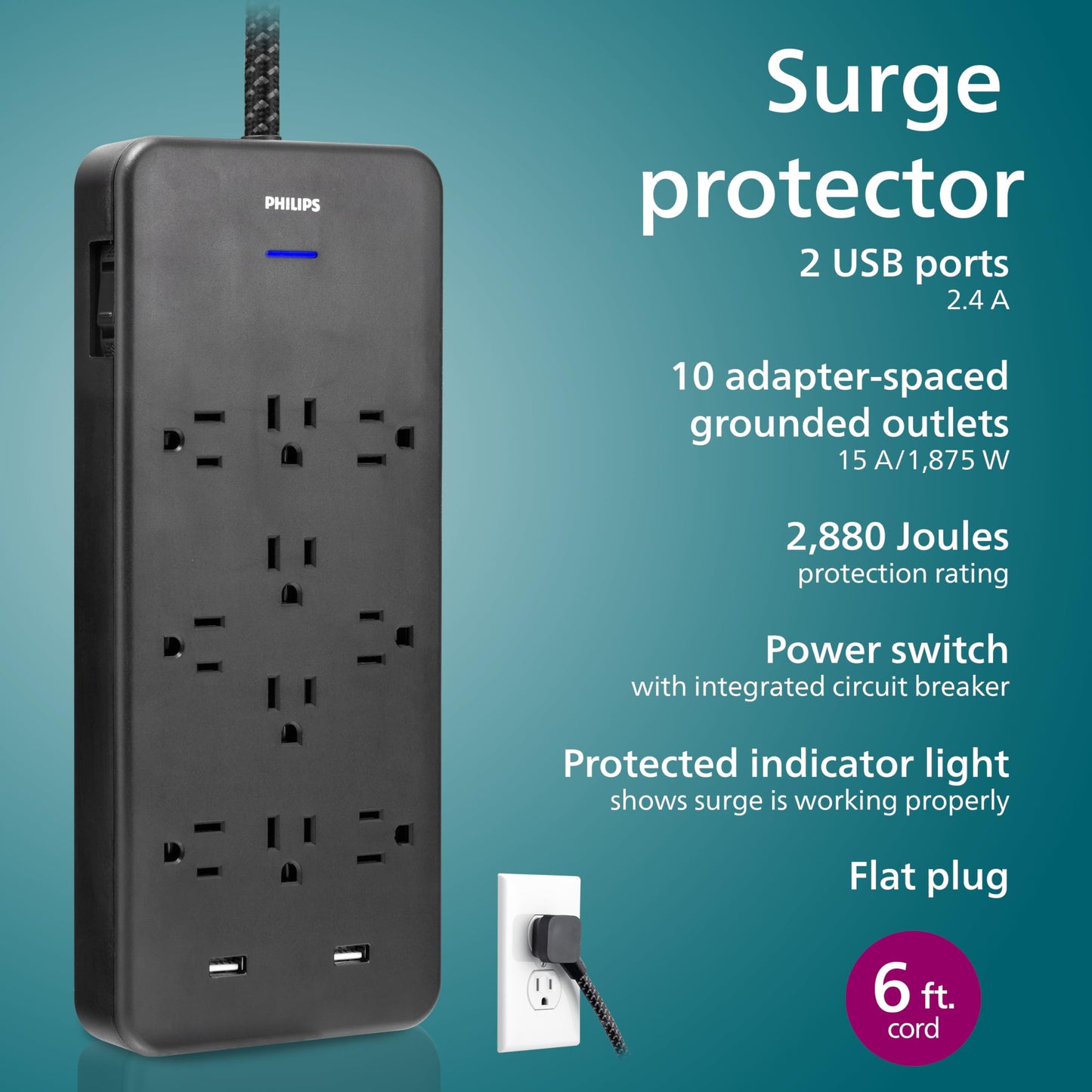 Philips EZFit 10-Outlet Surge Protector Power Strip, 6 Ft Braided Extension Cord, 2 USB Ports, Widely Spaced Outlets, Flat Plug, for Home Office Dorm Essentials, 2880 Joules, Black, SPP3403B/37