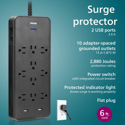 Philips EZFit 10-Outlet Surge Protector Power Strip, 6 Ft Braided Extension Cord, 2 USB Ports, Widely Spaced Outlets, Flat Plug, for Home Office Dorm Essentials, 2880 Joules, Black, SPP3403B/37