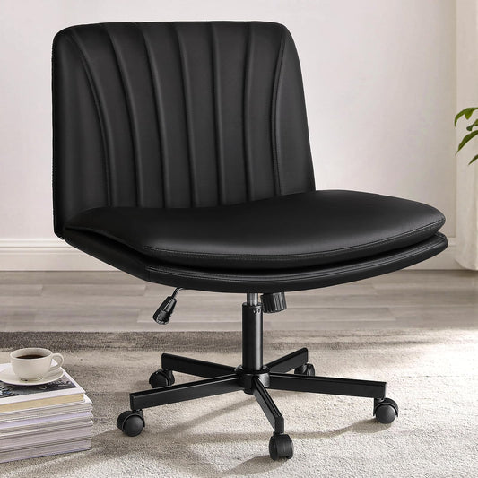 PUKAMI Criss Cross Chair with Wheels,PU Leather Armless Cross Legged Office Vanity Desk Chair for Home Office,Modern Swivel Height Adjustable Wide Seat(Black)