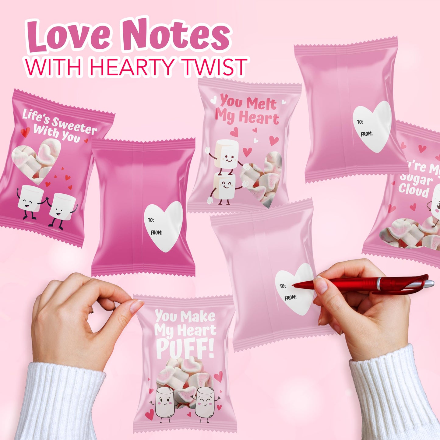 4E's Novelty Heart Marshmallows (24 Packs) Pink & White Valentine Marshmallows Mini Individually Wrapped for Hot Chocolate, Valentines Candy Bulk for Kids Classroom Exchange Party Favors