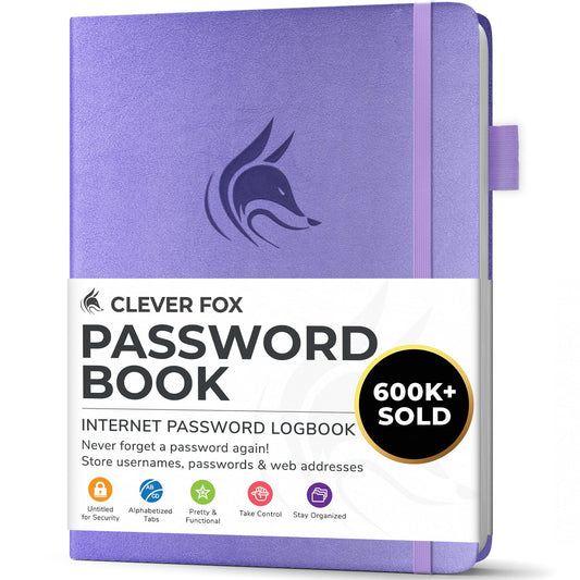 Clever Fox Password Book with alphabetical tabs. Internet Address Organizer Logbook. Small Pocket Password Keeper for Website Logins (Lavender)