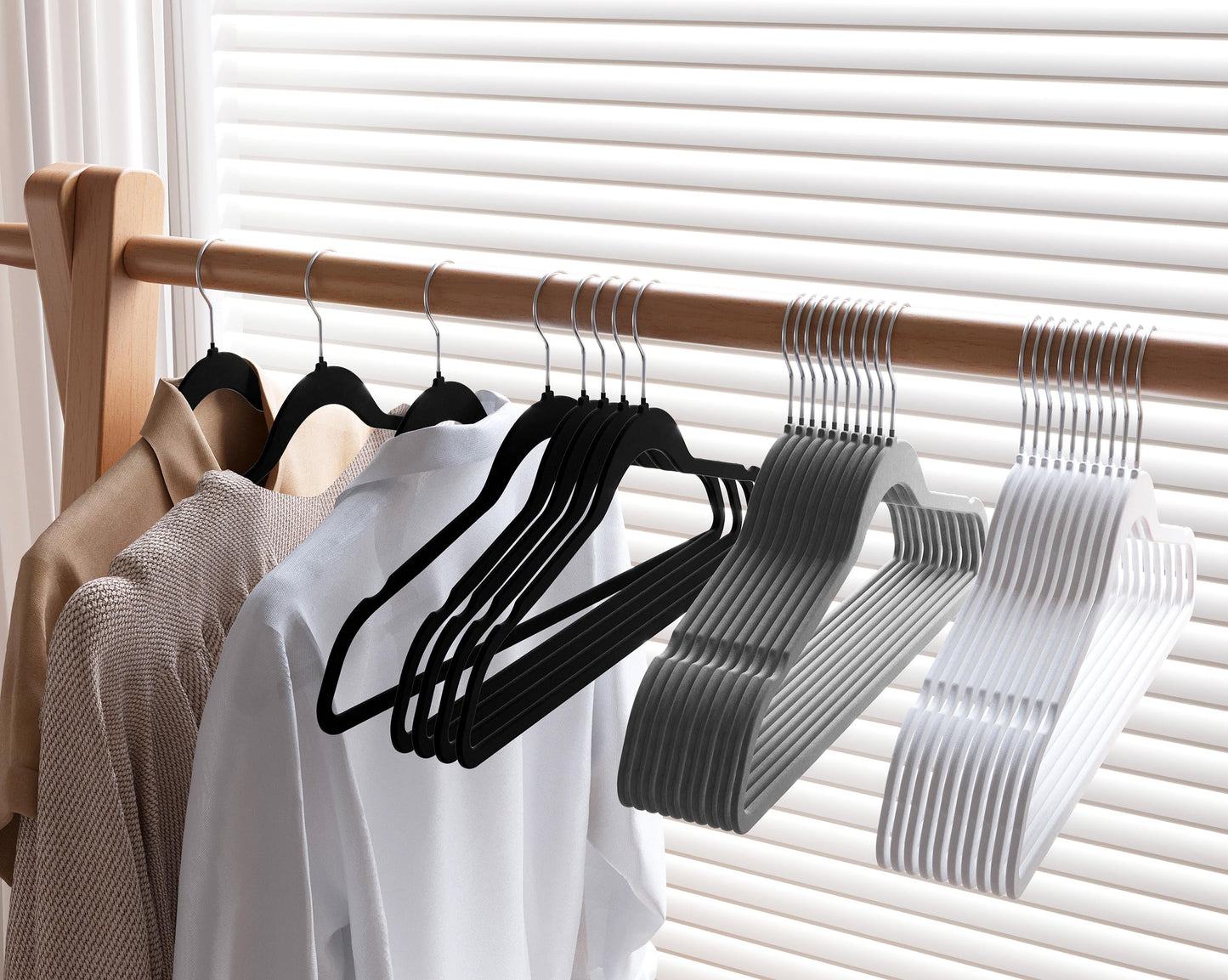 GETORO Velvet Hangers 30 Pack, Non Slip Space Saving Clothes Hangers with Metal Hooks, Black Felt Hangers, Heavy Duty Flocked Hanger, 17.5”W x 0.2”D x 9.25”H