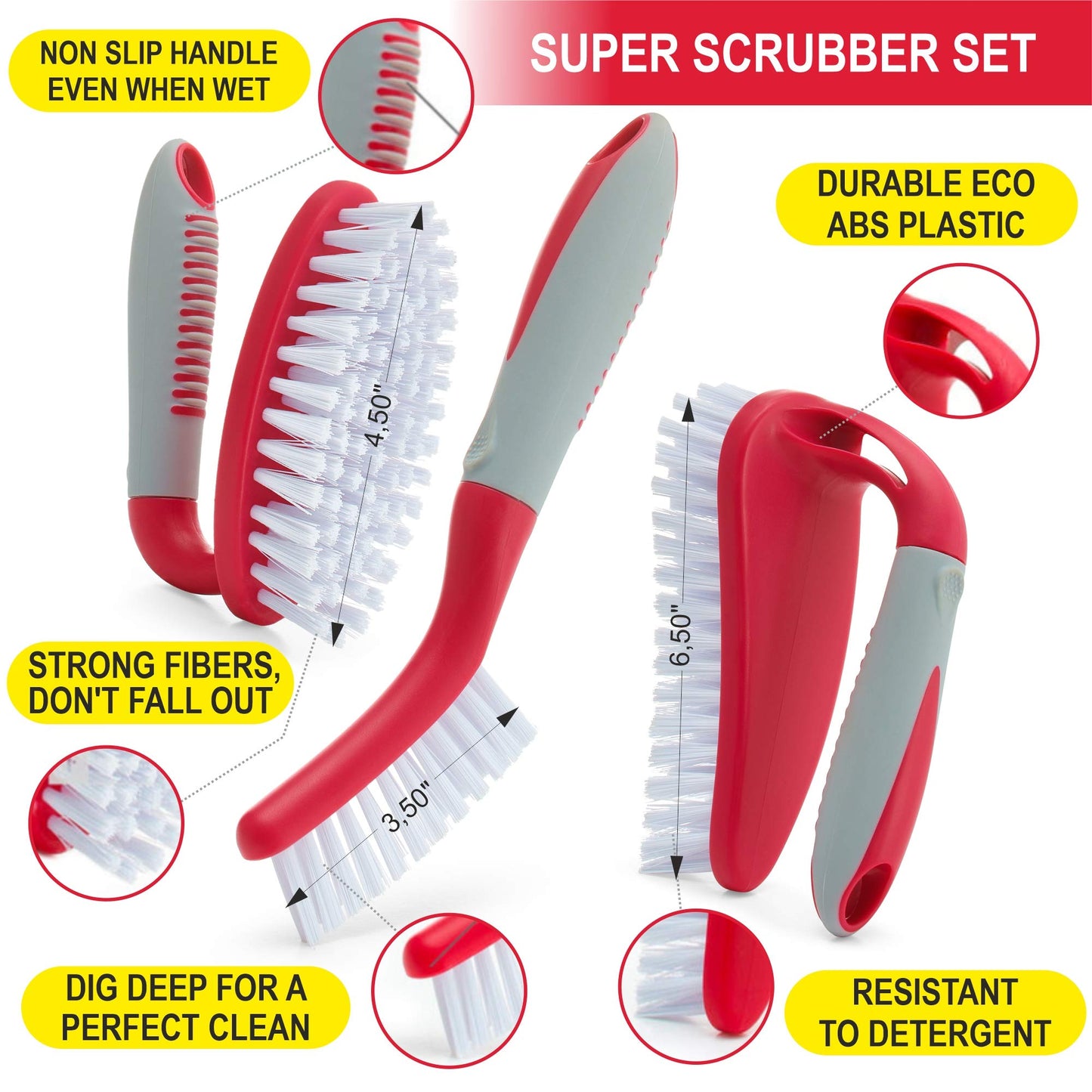 Scrub Brush Set of 3pcs - Cleaning Shower Scrubber with Ergonomic Handle and Durable Bristles - Grout Cleaner Brush - Scrub Brushes for Cleaning Bathroom, Shower, Tile, Kitchen, Floor, Bathtub, Floor