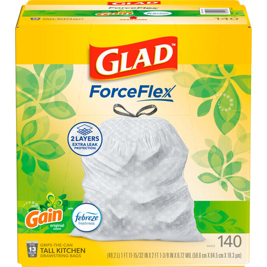 Glad Tall Kitchen Trash Bags 13 Gallon, Gain Original Garbage Bags, Odorshield with Drawstring, 140 Count