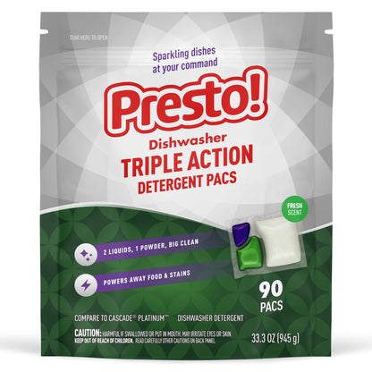 Amazon Brand - Presto! Triple Action Dishwasher Pacs, Fresh Scent, 90 Count
