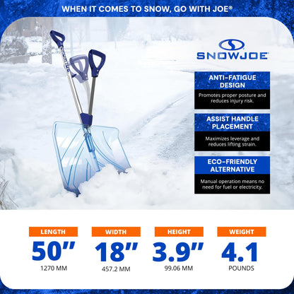 Snow Joe SJ-SHLV02 Shovelution Ergonomic Snow Shovel, 18-Inch Poly Shovel Blade, Spring-Assist Handle with D-Ring Grips