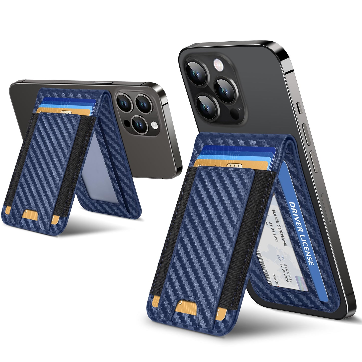 ExtreLife for Magsafe Wallet, Adjustable Stand and Open ID Window, Magnetic Wallet for iPhone 16/15/14 Pro Max/14 Pro/14/14 Plus/13/12 Series, 9 Cards, Blue Carbon Fiber