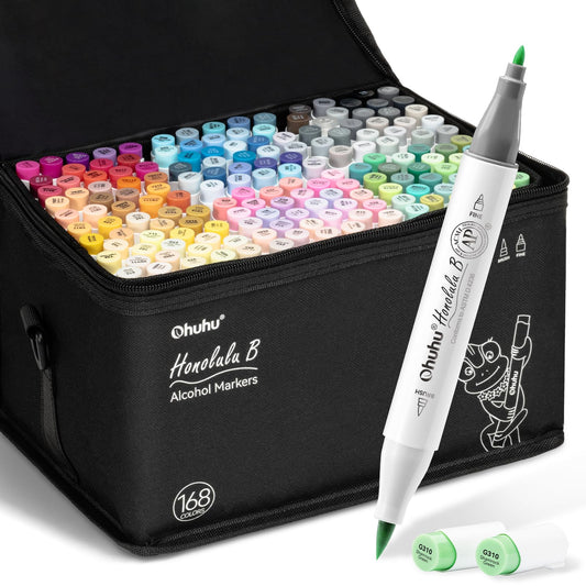 Ohuhu Alcohol Markers Brush Tip: 168-Color Double Tipped Art Marker Set for Artist Adults Coloring Illustrations -Honolulu B -Brush & Fine -Refillable