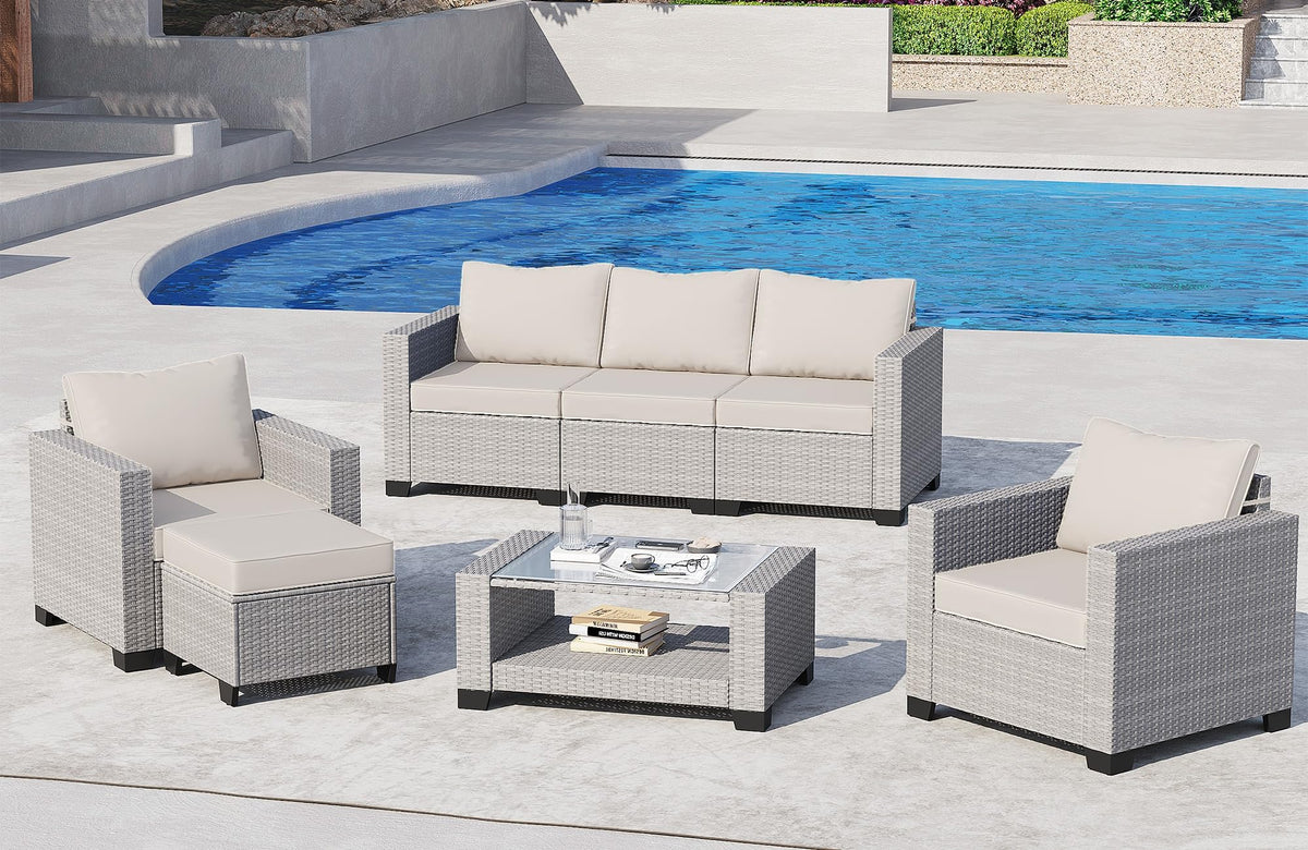 7 Piece Outdoor Patio Furniture Set, Outdoor Sectional Furniture, Rattan Chairs Glass Table Wicker Conversation Seating Sectional Sofa with Cushions (B-Grey White-Grey, B-7 Pieces-Tilted Back)