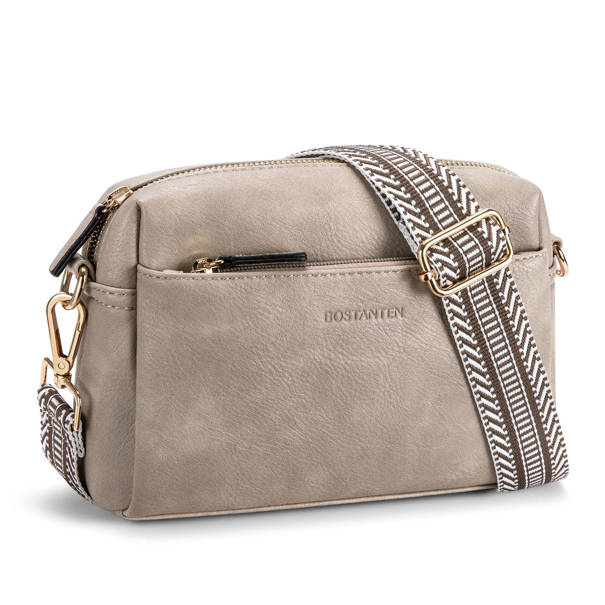 BOSTANTEN Small Crossbody Purse for Women Triple Zip Cell Phone Leather Shoulder Handbag with Wide Guitar Strap Grey