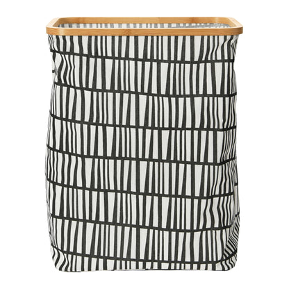 Household Essentials Bamboo Rimmed Rectangular Krush Hamper with Cutout Handles, Black and White