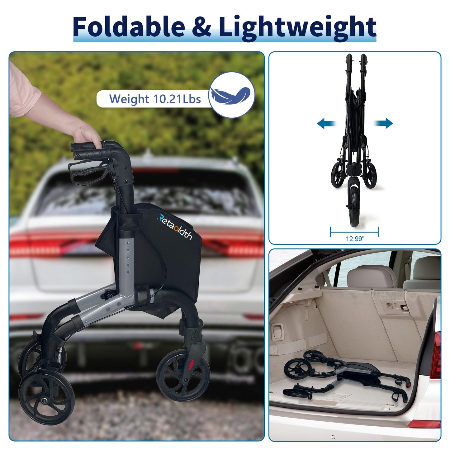 Premium 3 Wheel Rollator Walker for Seniors, Lightweight Foldable Elderly Three Wheeled Rollator with Storage Bag, Aluminum Mobility Aid Rolling Walker