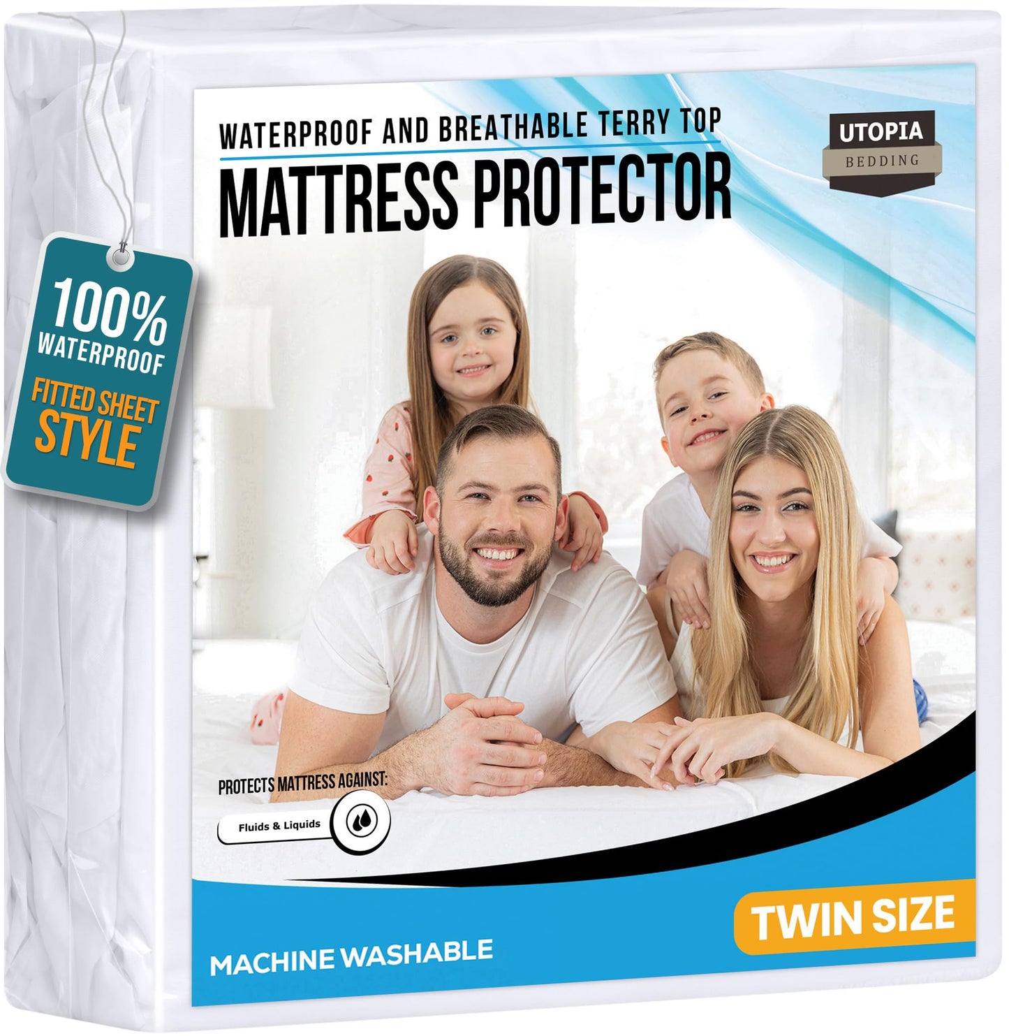 Utopia Bedding Waterproof Mattress Protector Twin Size, Premium 200 GSM Terry Mattress Cover, Soft & Breathable Bed Cover, Fitted Sheet Style with Stretchable Deep Pockets 15" (White)