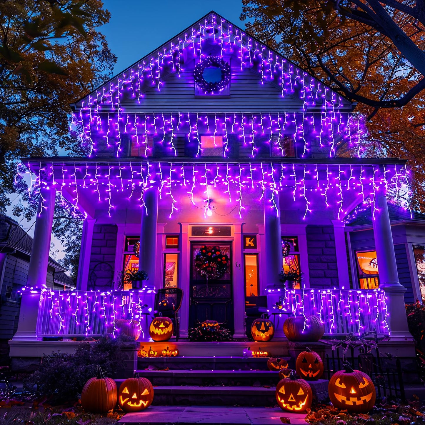 JMEXSUSS Purple Halloween Icicle Lights, 38.8 FT 400 LED Icicle Light Outdoor Waterproof, 8 Modes Purple Halloween Lights with 80 Drops Plug in for House Christmas Party Decorations