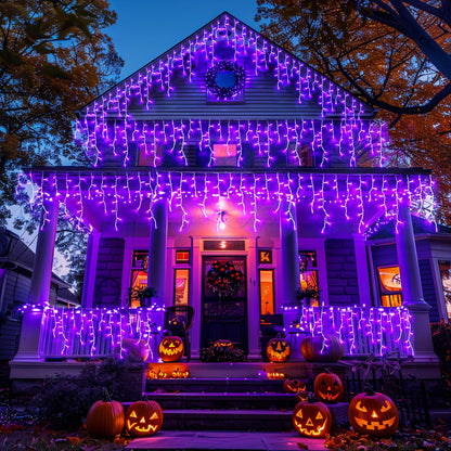 JMEXSUSS Purple Halloween Icicle Lights, 38.8 FT 400 LED Icicle Light Outdoor Waterproof, 8 Modes Purple Halloween Lights with 80 Drops Plug in for House Christmas Party Decorations
