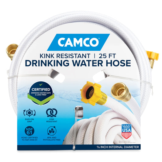 Camco TastePURE 25-Ft Water Hose - RV Drinking Water Hose Contains No Lead, No BPA & No Phthalate - Features Diamond-Hatch Reinforced PVC Design - 5/8” Inside Diameter, Made in the USA (22783)