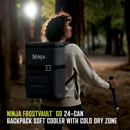 Ninja | Backpack Cooler | FrostVault Go 24 Can Soft Cooler | Leakproof Zipper with Built in Can Opener, 2 Ice Packs & Dry Storage Drawer | for Hiking, Camping & More | Charcoal Gray | FF124CG