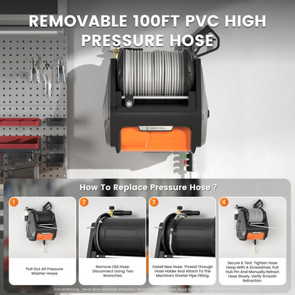 Giraffe Tools Grandfalls Retractable Pressure Washer Pro, Wall Mounted Pressure Washer with 1800W Brushless Motor, 3700PSI Electric Power Washer with 100ft Pressure Hoses, Dark Silver