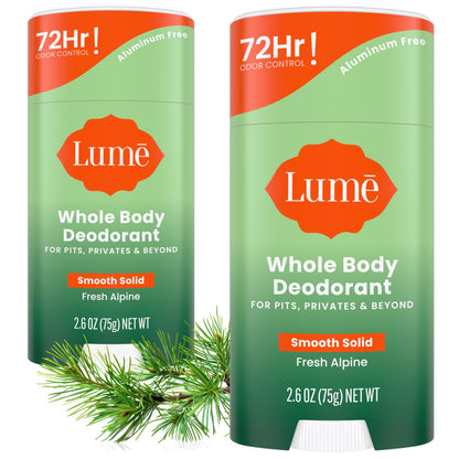 Lume Whole Body Deodorant - Smooth Solid Stick - 72 Hour Odor Control - Aluminum Free, Baking Soda Free and Skin Safe - 2.6 Ounce (Pack of 2) (Fresh Alpine)