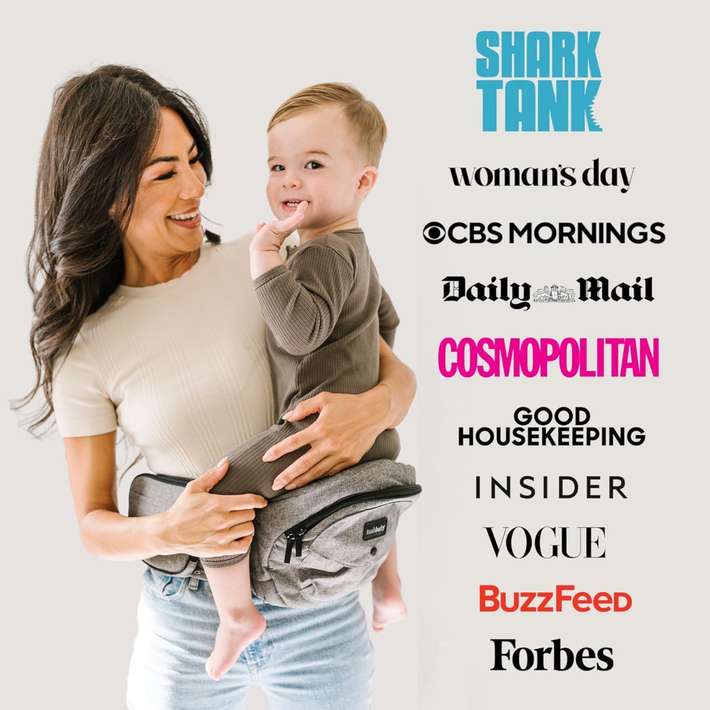 Tushbaby Original Hip Seat Baby Carrier for Babies & Toddlers up to 45 lbs, Safety Certified, Lightweight No-Foam Design with Storage & Nursing Support, Grey