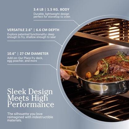 Our Place Titanium Always Pan Pro - 10.6” (2.8 Qt) No-Coating Nonstick Technology | Tri-Ply Titanium & Stainless Steel | Safe for Oven, Induction & Cooktops up to 1000°F | Includes Spatula | Chrome