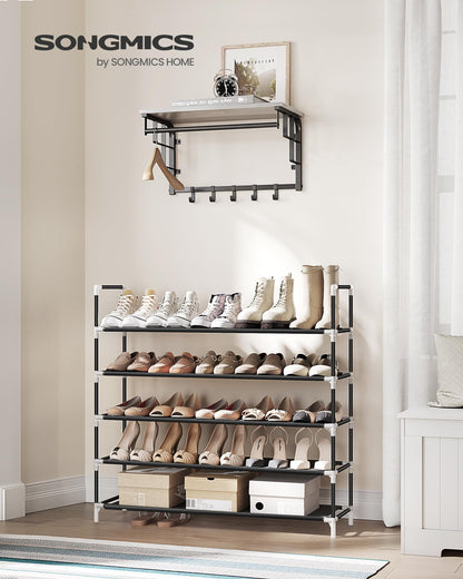 SONGMICS 5-Tier Shoe Rack, Shoe Storage for Hallway Closet, Slim and Space-Saving, Metal Frame, Non-Woven Fabric Shelves, Black ULSH55H